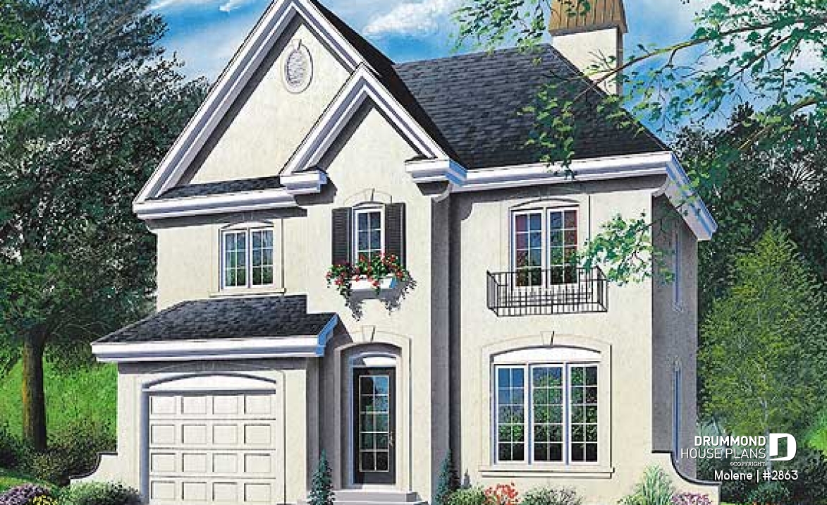 front - BASE MODEL - 2 Storey English style cottage plan with garage, 3 bedrooms, 2.5 bathrooms and laundry on main floor - Molene