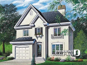 front - BASE MODEL - 2 Storey English style cottage plan with garage, 3 bedrooms, 2.5 bathrooms and laundry on main floor - Molene