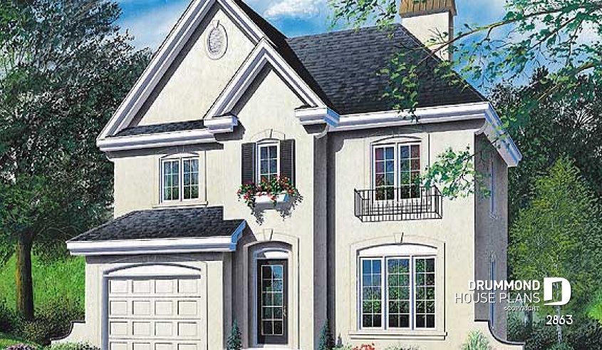 front - BASE MODEL - 2 Storey English style cottage plan with garage, 3 bedrooms, 2.5 bathrooms and laundry on main floor - Molene