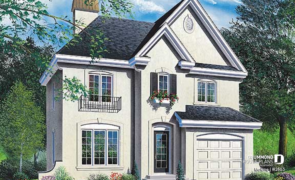 front - BASE MODEL - 2 Storey English style cottage plan with garage, 3 bedrooms, 2.5 bathrooms and laundry on main floor - Molene