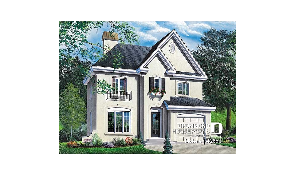 front - BASE MODEL - 2 Storey English style cottage plan with garage, 3 bedrooms, 2.5 bathrooms and laundry on main floor - Molene