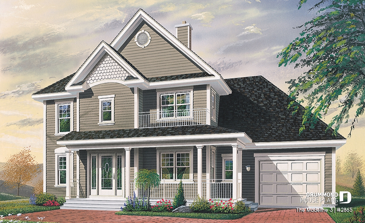 front - BASE MODEL - Country house with garage, breakfast nook, formal dining and living rooms, 3 bedrooms, computer corner - The Madeline 3