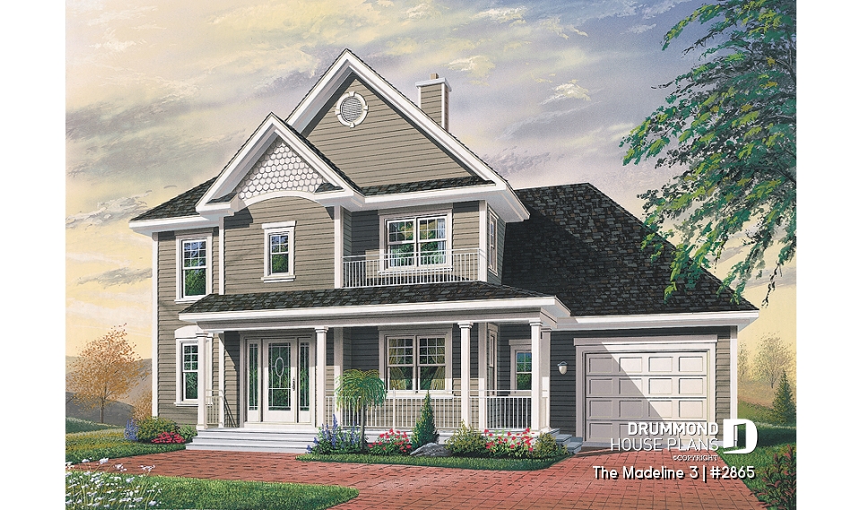 front - BASE MODEL - Country house with garage, breakfast nook, formal dining and living rooms, 3 bedrooms, computer corner - The Madeline 3