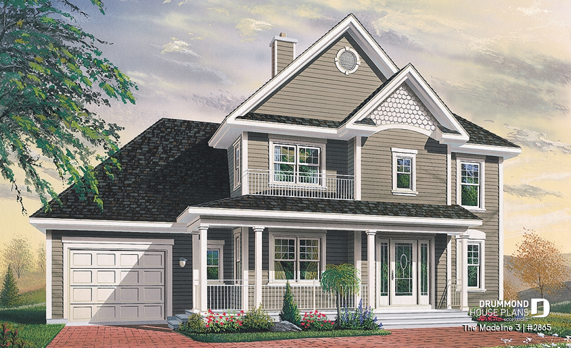 front - BASE MODEL - Country house with garage, breakfast nook, formal dining and living rooms, 3 bedrooms, computer corner - The Madeline 3