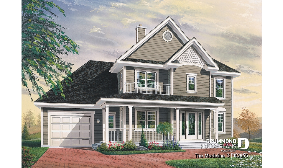 front - BASE MODEL - Country house with garage, breakfast nook, formal dining and living rooms, 3 bedrooms, computer corner - The Madeline 3