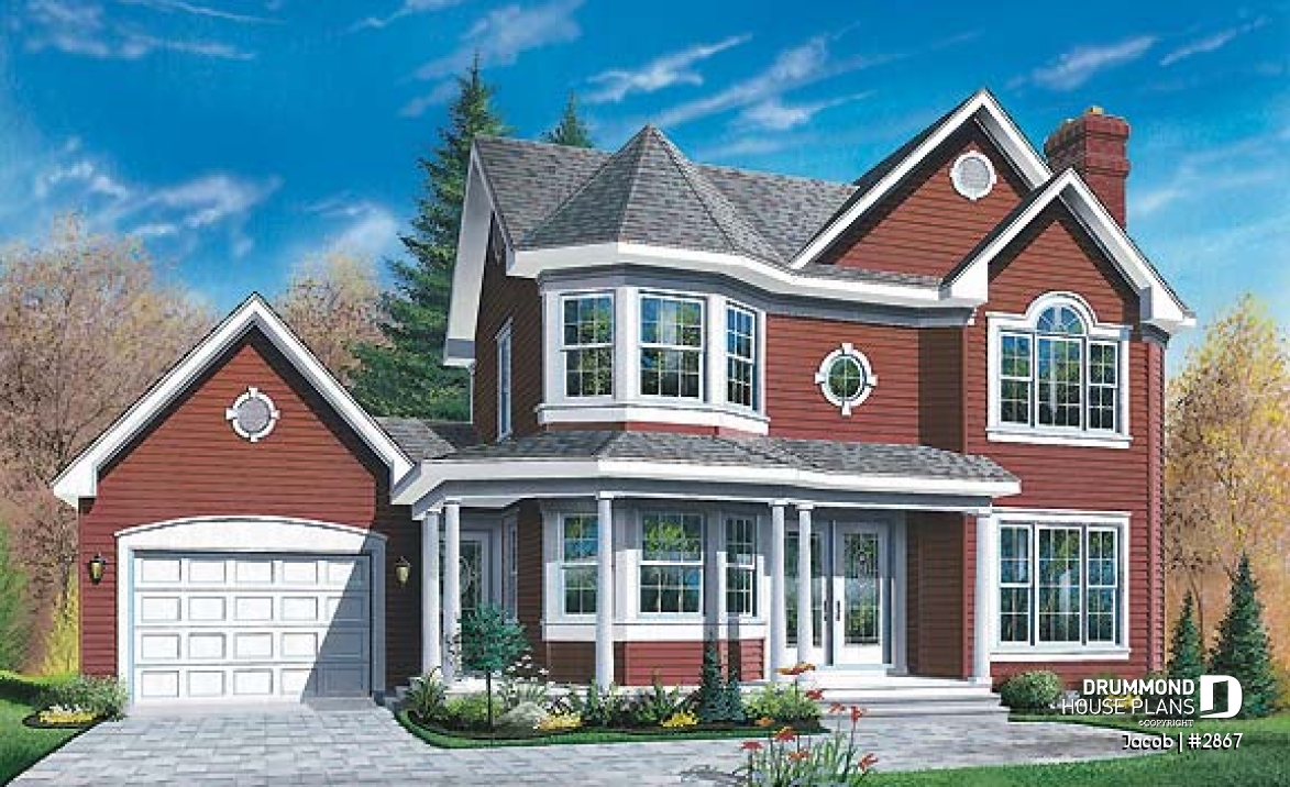 front - BASE MODEL - Victorian house plan with 3 to 4 bedrooms, 2 home offices, garage, unfinished basement - Jacob