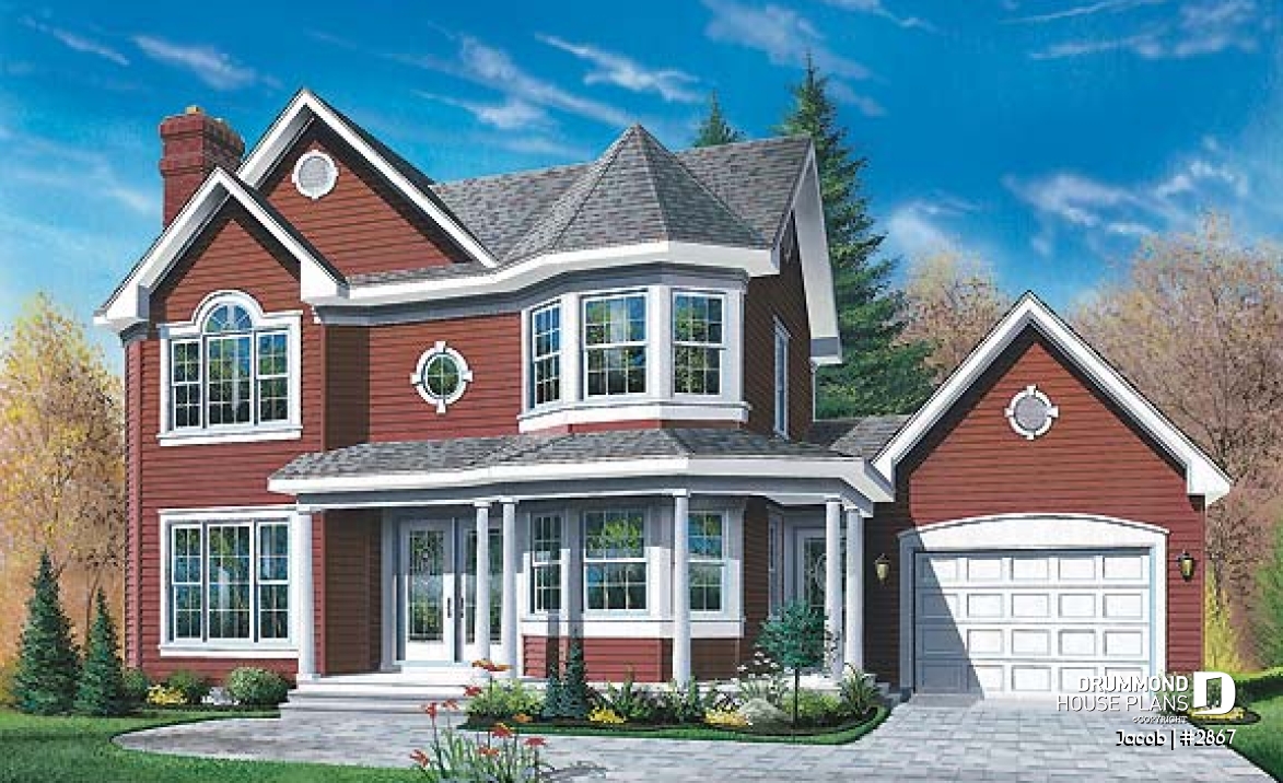 front - BASE MODEL - Victorian house plan with 3 to 4 bedrooms, 2 home offices, garage, unfinished basement - Jacob