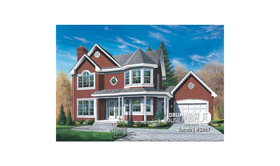 front - BASE MODEL - Victorian house plan with 3 to 4 bedrooms, 2 home offices, garage, unfinished basement - Jacob