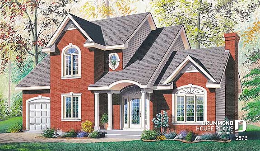 front - BASE MODEL - 2-storey house plan with 3 bedrooms, home office, garge, large famiy room with fireplace - Corcoran