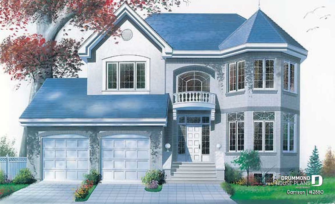 front - BASE MODEL - House floor plan with 2 family rooms, 3 bedrooms and 2-car garage - Garrison