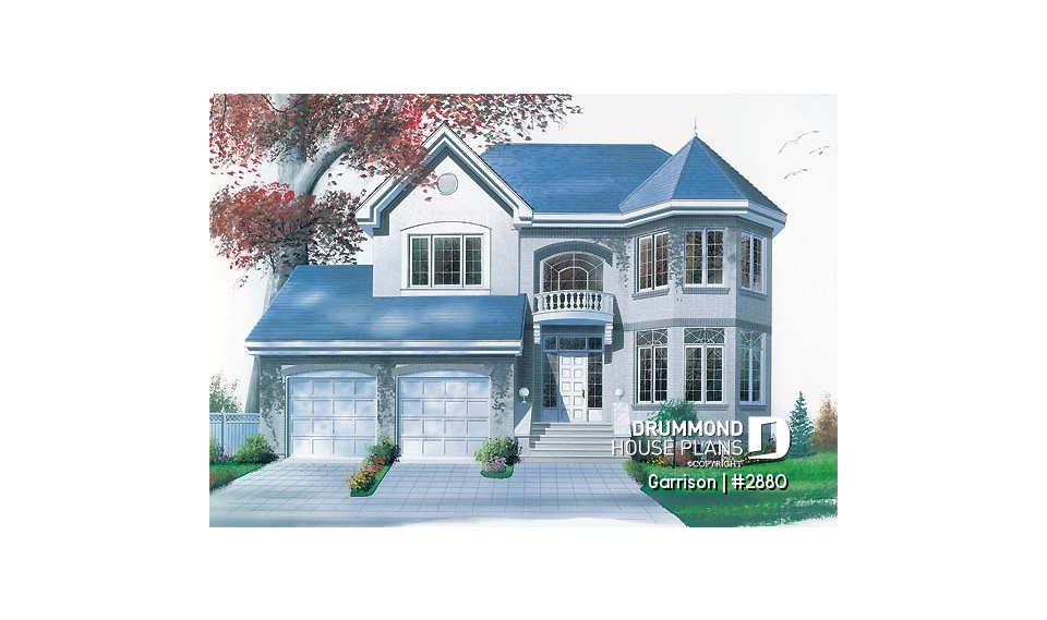 front - BASE MODEL - House floor plan with 2 family rooms, 3 bedrooms and 2-car garage - Garrison