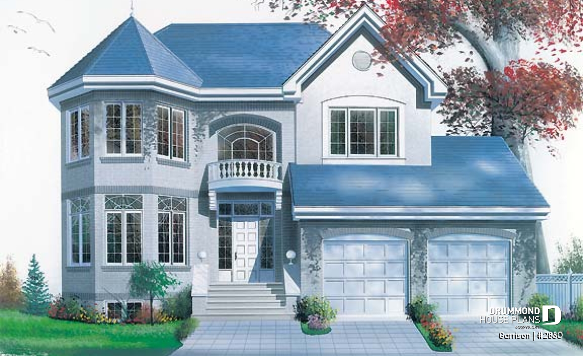 front - BASE MODEL - House floor plan with 2 family rooms, 3 bedrooms and 2-car garage - Garrison