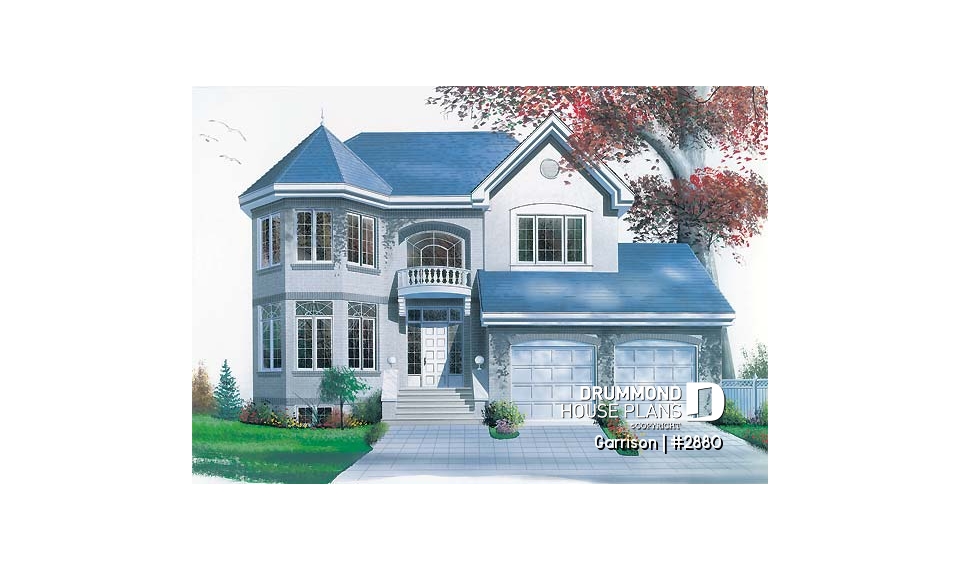 front - BASE MODEL - House floor plan with 2 family rooms, 3 bedrooms and 2-car garage - Garrison