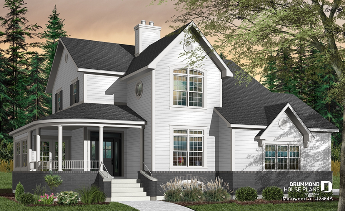 Color version 1 - Front - 4 bedroom Farmhouse home plan, master suite, 2 covered porches, 9' ceiling on main level, 2 fireplaces - Merriwood 3