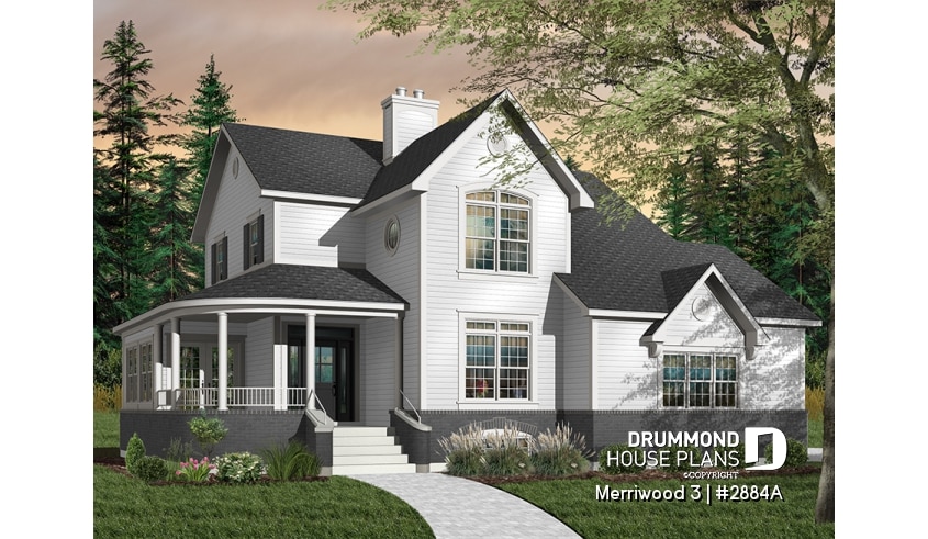 Color version 1 - Front - 4 bedroom Farmhouse home plan, master suite, 2 covered porches, 9' ceiling on main level, 2 fireplaces - Merriwood 3