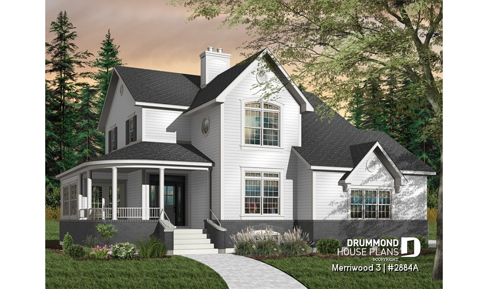 Color version 1 - Front - 4 bedroom Farmhouse home plan, master suite, 2 covered porches, 9' ceiling on main level, 2 fireplaces - Merriwood 3