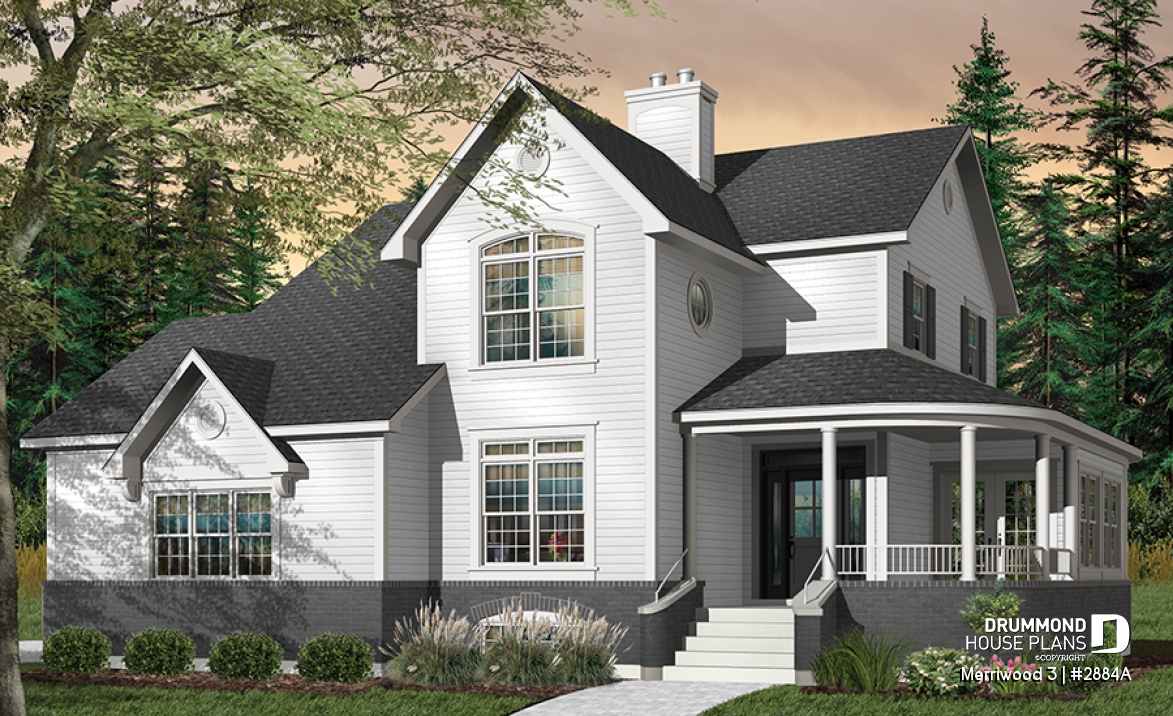 Color version 1 - Front - 4 bedroom Farmhouse home plan, master suite, 2 covered porches, 9' ceiling on main level, 2 fireplaces - Merriwood 3