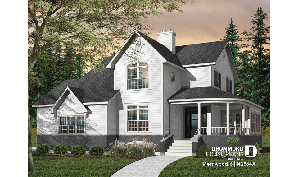 Color version 1 - Front - 4 bedroom Farmhouse home plan, master suite, 2 covered porches, 9' ceiling on main level, 2 fireplaces - Merriwood 3