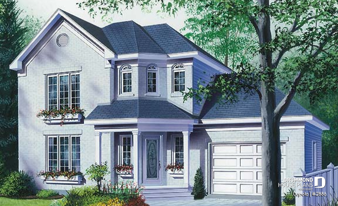 front - BASE MODEL - 3 bedroom house plan with garage, laundry room on main floor - Cupola