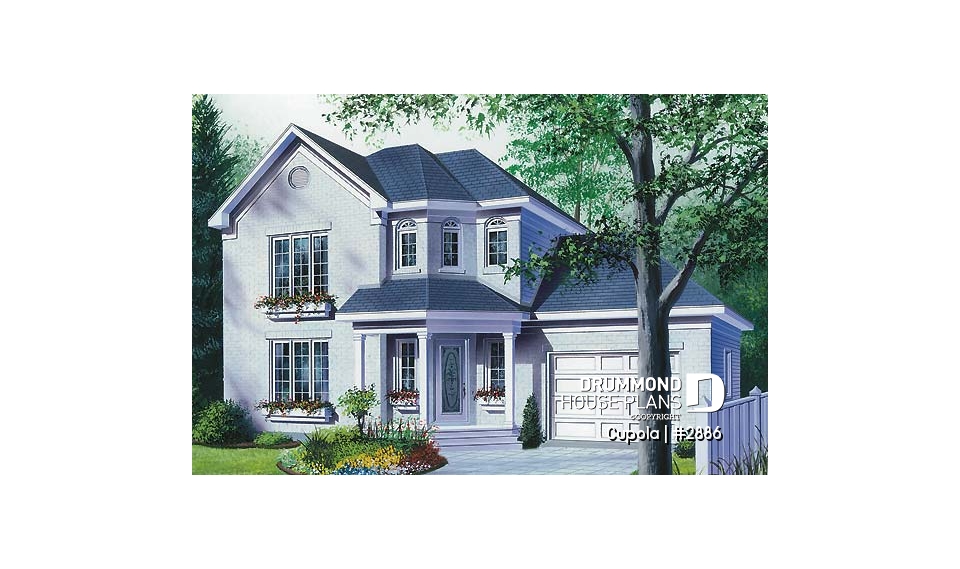 front - BASE MODEL - 3 bedroom house plan with garage, laundry room on main floor - Cupola