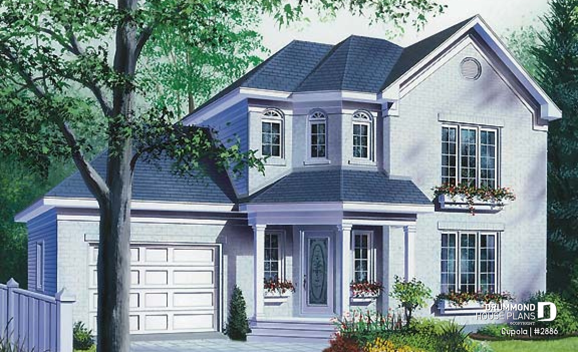 front - BASE MODEL - 3 bedroom house plan with garage, laundry room on main floor - Cupola