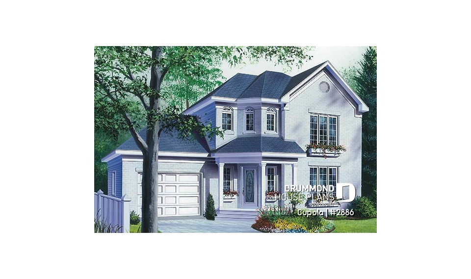 front - BASE MODEL - 3 bedroom house plan with garage, laundry room on main floor - Cupola