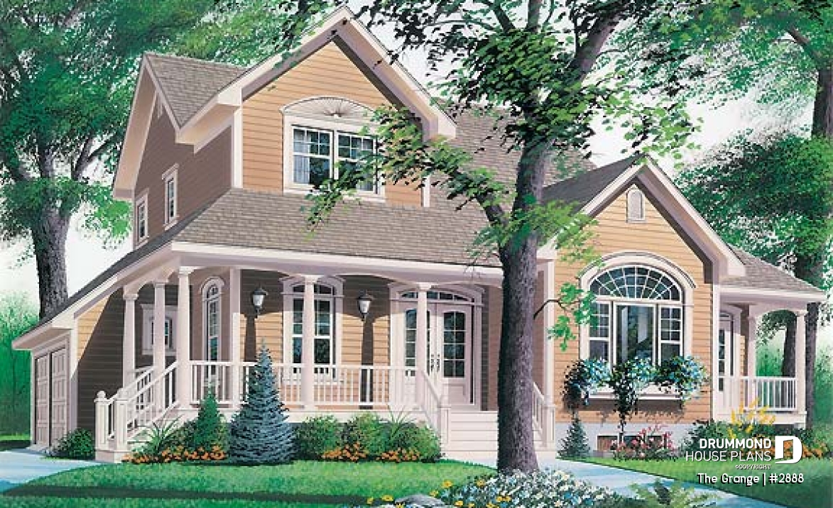 front - BASE MODEL - Country house plan with large master suite, den, formal living and dining room, 2-car garage - The Grange