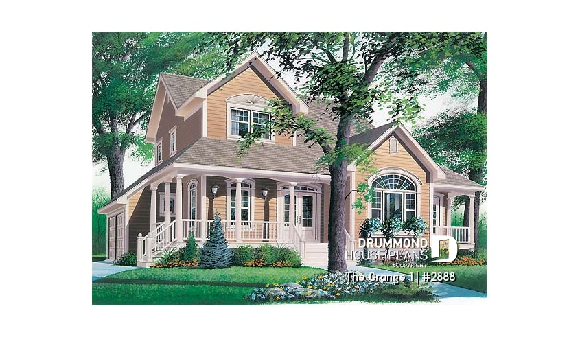 front - BASE MODEL - Country house plan with large master suite, den, formal living and dining room, 2-car garage - The Grange