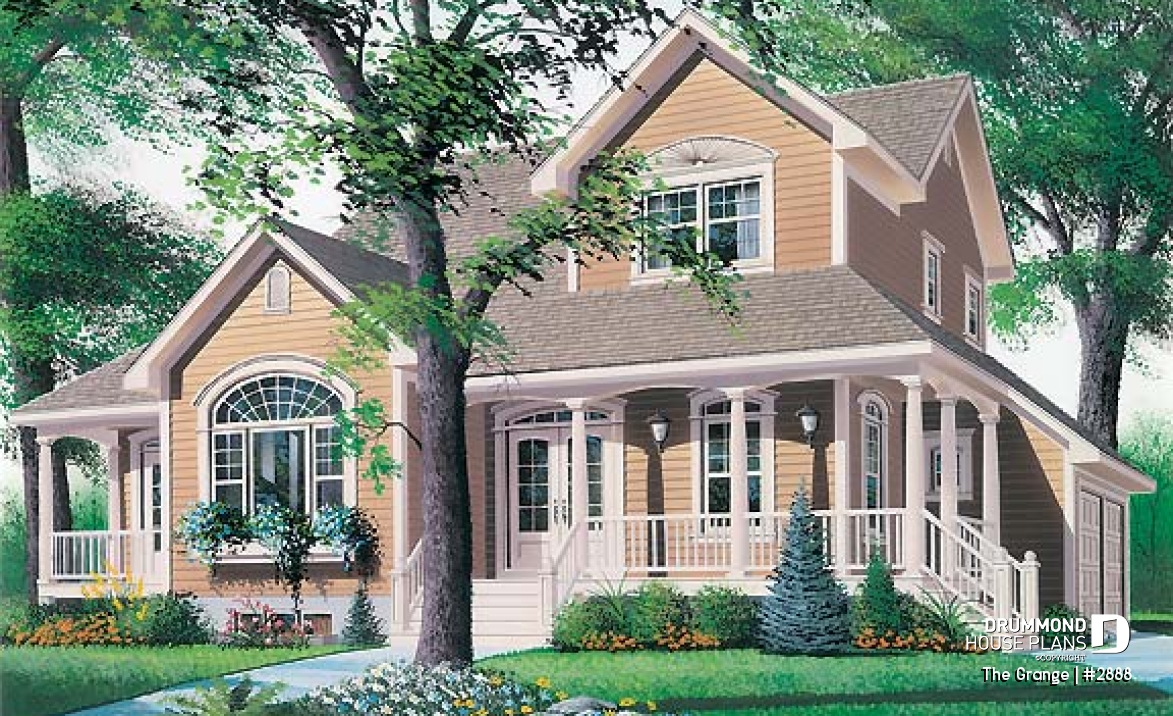 front - BASE MODEL - Country house plan with large master suite, den, formal living and dining room, 2-car garage - The Grange