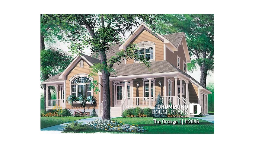 front - BASE MODEL - Country house plan with large master suite, den, formal living and dining room, 2-car garage - The Grange