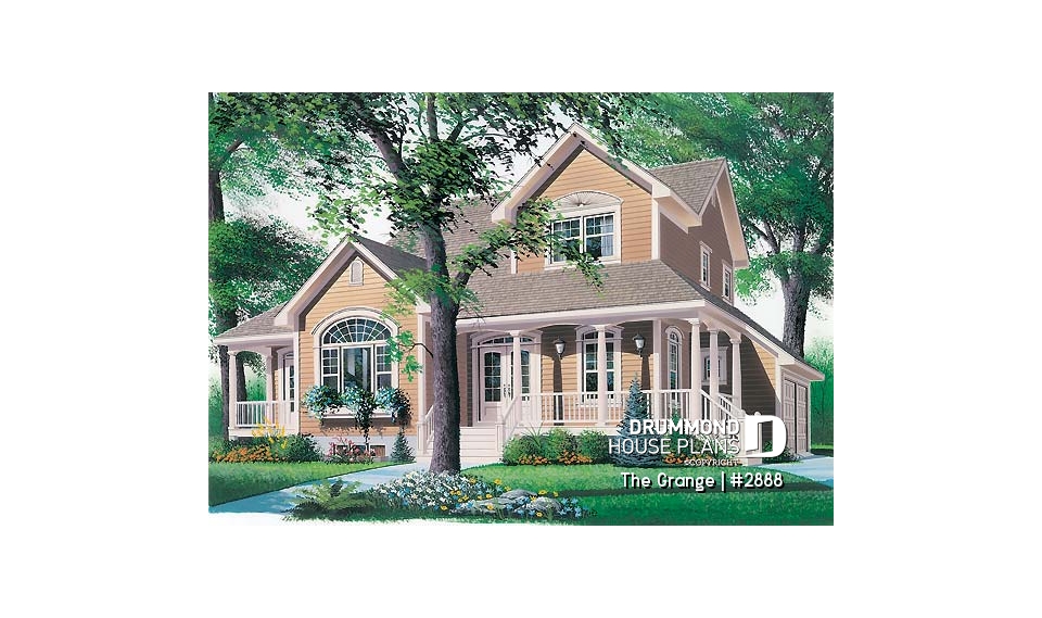 front - BASE MODEL - Country house plan with large master suite, den, formal living and dining room, 2-car garage - The Grange