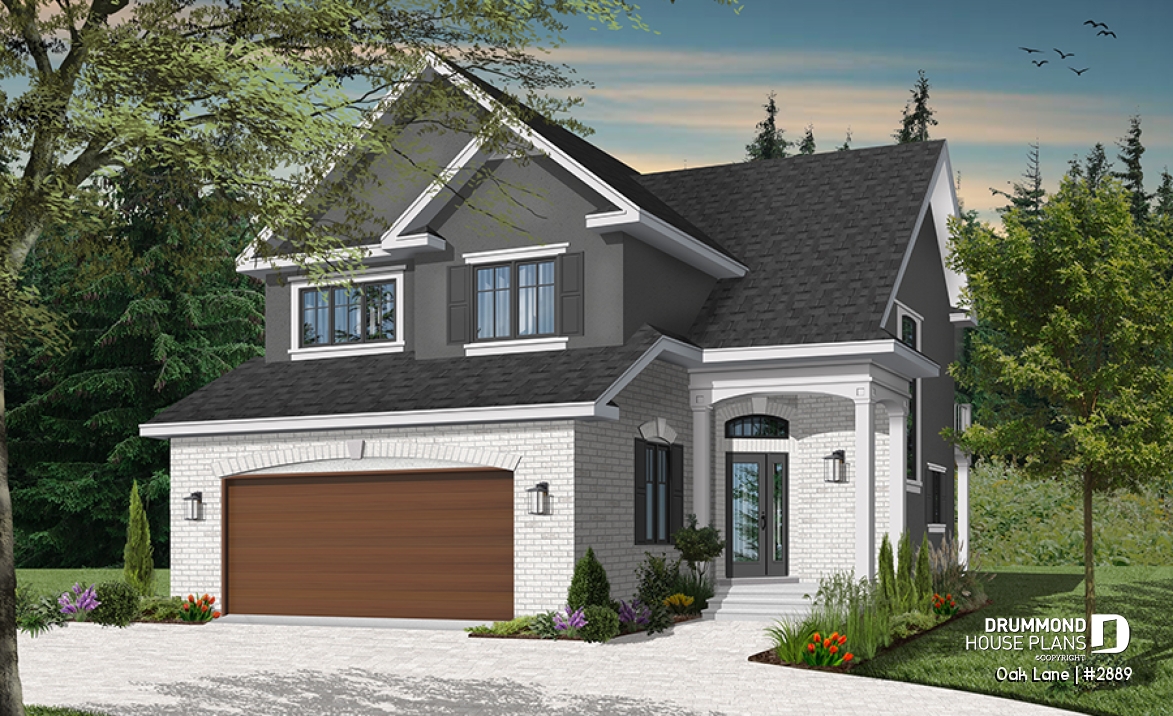 Color version 3 - Front - Narrow lot Traditional 3 to 4 bedroom home plan with 2-car garage, breakfast nook, sunken living room - Oak Lane