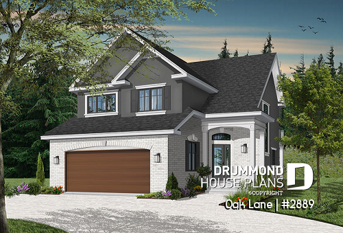 Color version 3 - Front - Narrow lot Traditional 3 to 4 bedroom home plan with 2-car garage, breakfast nook, sunken living room - Oak Lane