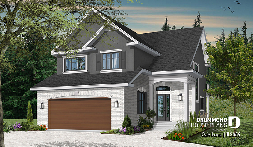 Color version 3 - Front - Narrow lot Traditional 3 to 4 bedroom home plan with 2-car garage, breakfast nook, sunken living room - Oak Lane