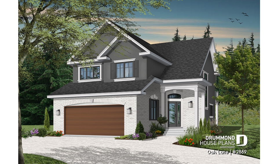 Color version 3 - Front - Narrow lot Traditional 3 to 4 bedroom home plan with 2-car garage, breakfast nook, sunken living room - Oak Lane