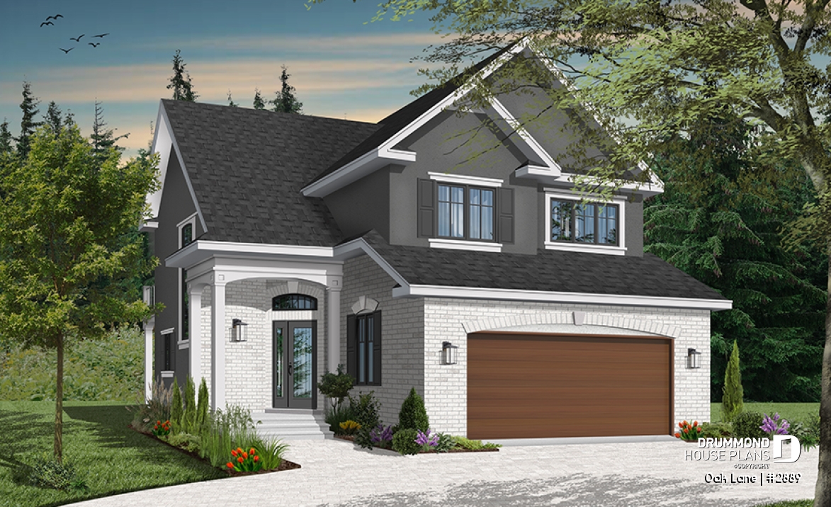 Color version 3 - Front - Narrow lot Traditional 3 to 4 bedroom home plan with 2-car garage, breakfast nook, sunken living room - Oak Lane