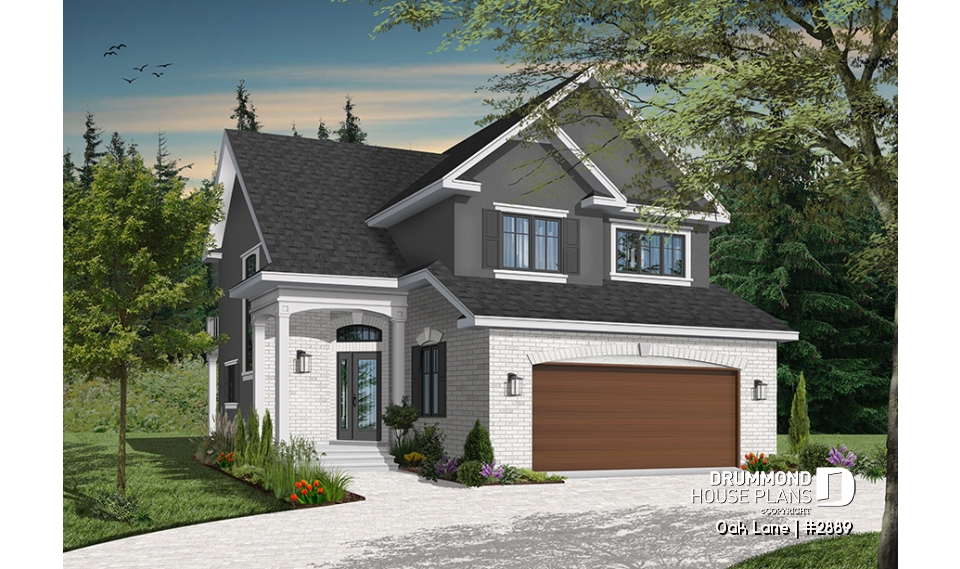 Color version 3 - Front - Narrow lot Traditional 3 to 4 bedroom home plan with 2-car garage, breakfast nook, sunken living room - Oak Lane