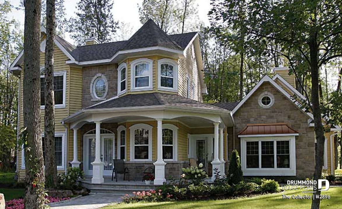 front - BASE MODEL - Farmhouse style house plan, 9' ceiling, home office, large kitchen, double sided fireplace, large bonus room - The Collector