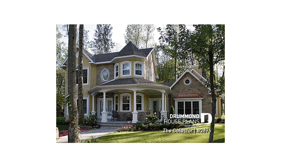 front - BASE MODEL - Farmhouse style house plan, 9' ceiling, home office, large kitchen, double sided fireplace, large bonus room - The Collector