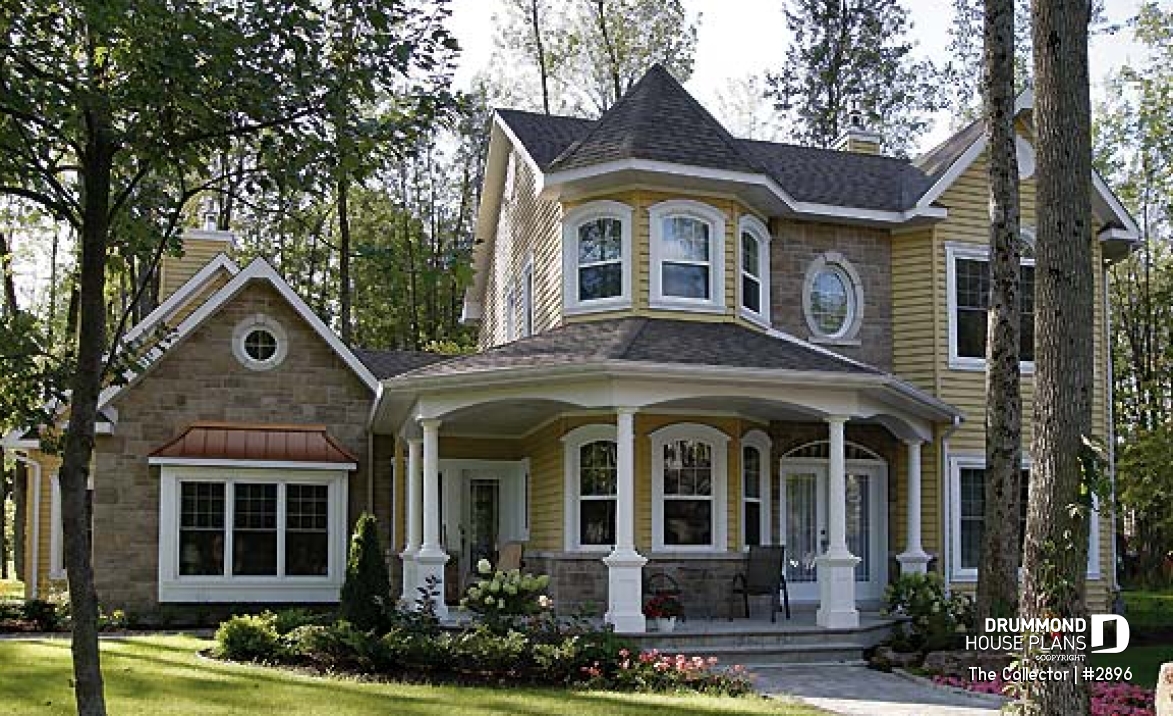 front - BASE MODEL - Farmhouse style house plan, 9' ceiling, home office, large kitchen, double sided fireplace, large bonus room - The Collector