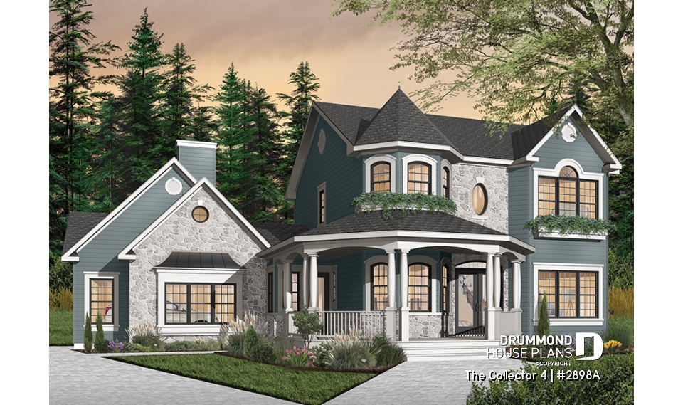 front - BASE MODEL - 4 to 5 bedrooms Victorian two-story home plan, large bonus space, master suite on main floor, 2-car garage - The Collector 4
