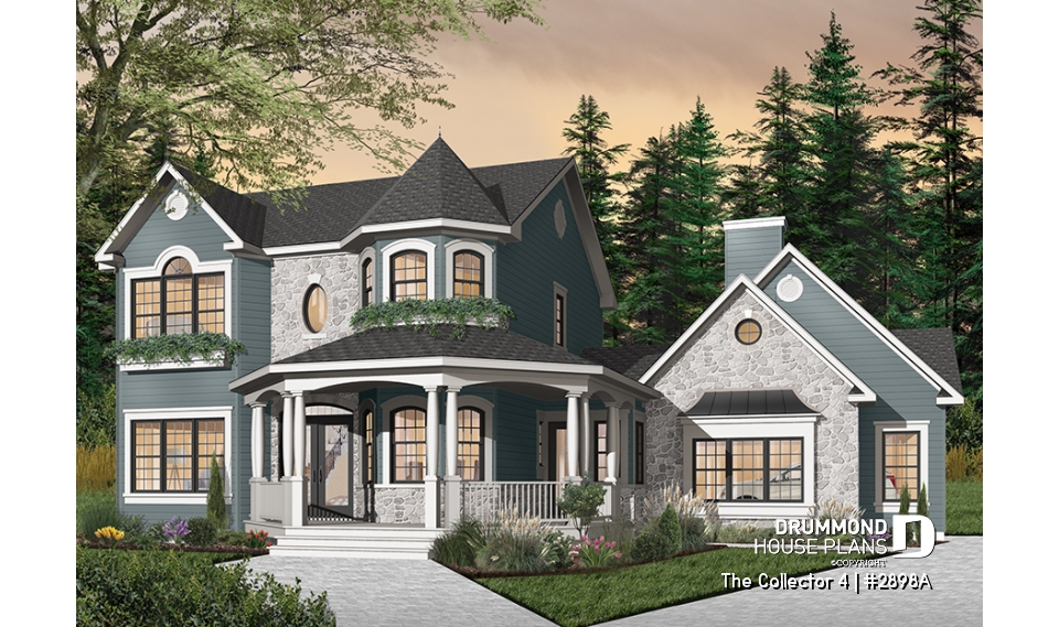 front - BASE MODEL - 4 to 5 bedrooms Victorian two-story home plan, large bonus space, master suite on main floor, 2-car garage - The Collector 4