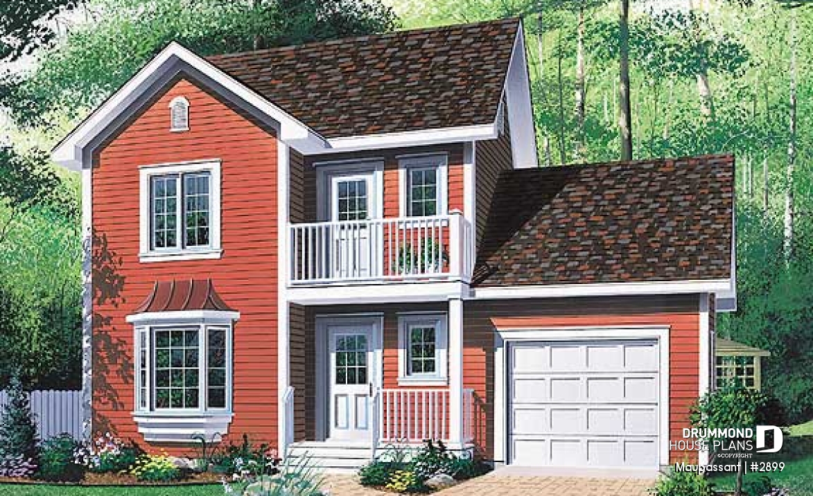 front - BASE MODEL - Traditional style house plan with 3 bedrooms, private balcony in master bedroom - Maupassant