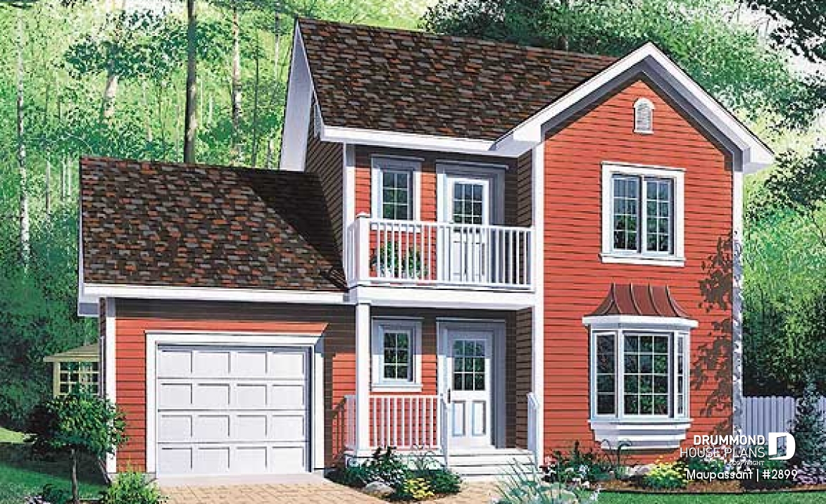 front - BASE MODEL - Traditional style house plan with 3 bedrooms, private balcony in master bedroom - Maupassant