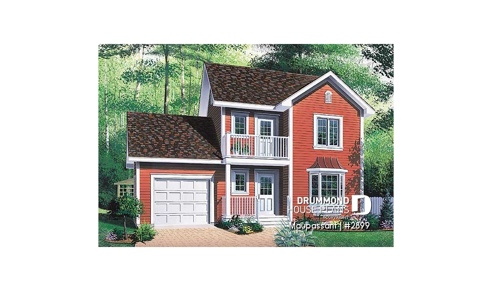 front - BASE MODEL - Traditional style house plan with 3 bedrooms, private balcony in master bedroom - Maupassant