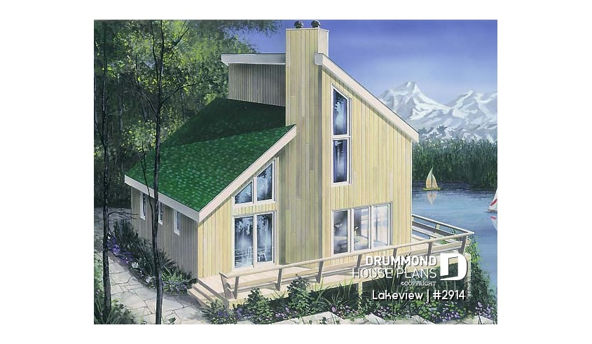 front - BASE MODEL - Affordable scandinavian style cabin house plan with 3 bedrooms and open floor plan concept - Lakeview