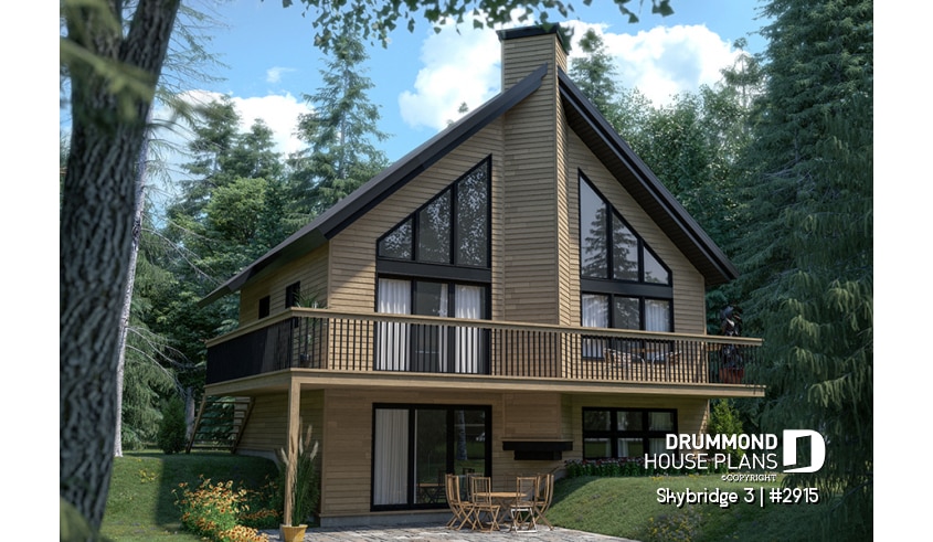 Rear view - BASE MODEL - Affordable mountain rustic cottage chalet house plan, 3-4 bedrooms, open loft, cathedral ceiling, 2 fireplaces - Skybridge 3