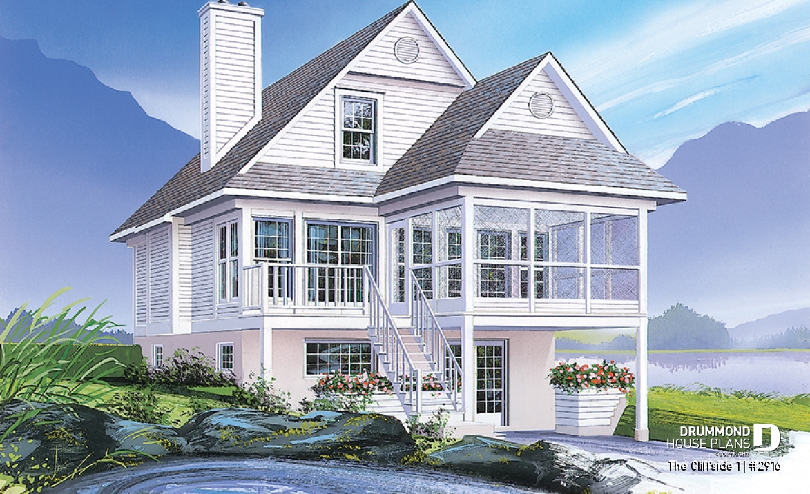 Rear view - BASE MODEL - Fabulous 3 beds / 2 baths cottage house plan with open floor plan, fireplace and screened-in deck - The Cliffside 1