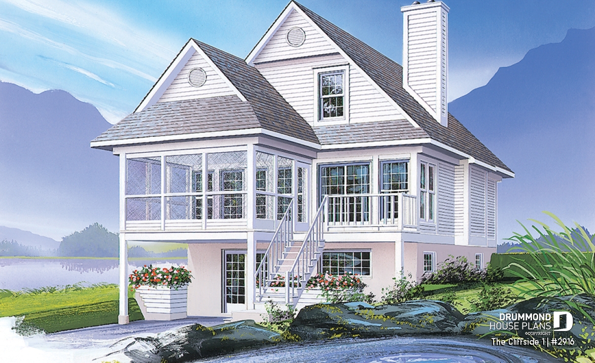 Rear view - BASE MODEL - Fabulous 3 beds / 2 baths cottage house plan with open floor plan, fireplace and screened-in deck - The Cliffside 1