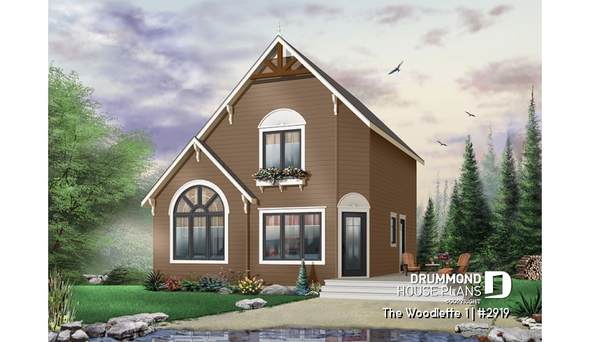 Color version 7 - Front - 2 to 3 bedroom affordable modern style house plan, lots of natural light, cathedral ceiling + mezzanine - The Woodlette 1
